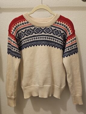 Cream Fair Isle Knit Sweater with Red and Navy Accents Norwegian Sweater